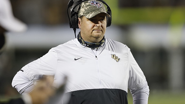 Nov 14, 2020; Orlando, Florida, USA;  UCF Knights head coach Josh Heupel watches from the sidelines during the first quarter against the Temple Owls at the Bounce House. Mandatory Credit: Reinhold Matay-USA TODAY Sports
