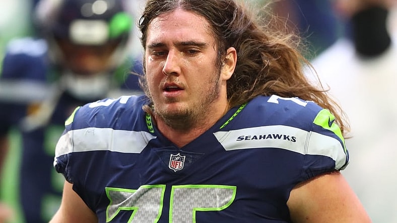 Jan 3, 2021; Glendale, Arizona, USA; Seattle Seahawks offensive tackle Chad Wheeler (75) against the San Francisco 49ers at State Farm Stadium. Mandatory Credit: Mark J. Rebilas-USA TODAY Sports