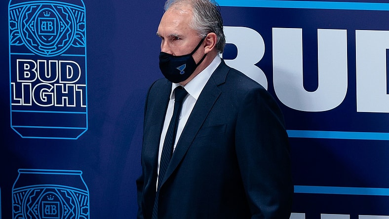 Jan 13, 2021; Denver, Colorado, USA; St. Louis Blues head coach Craig Berube looks on in the second period against the Colorado Avalanche at Ball Arena. Mandatory Credit: Isaiah J. Downing-USA TODAY Sports