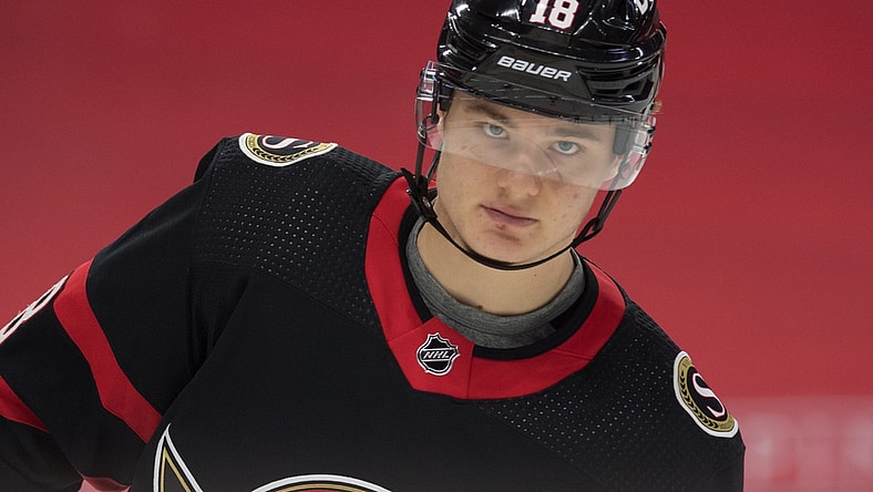 Jan 15, 2021; Ottawa, Ontario, CAN; Ottawa Senators left wing Tim Stutzle (18) warms up prior to a game against the Toronto Maple Leafs at the Canadian Tire Centre. Mandatory Credit: Marc DesRosiers-USA TODAY Sports