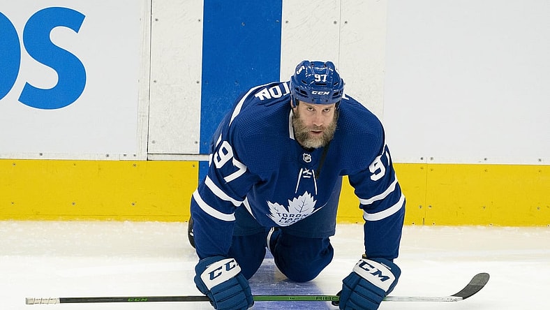 Jan 18, 2021; Toronto, Ontario, CAN; Toronto Maple Leafs center Joe Thornton (97) stretches during the warm-up against the Winnipeg Jets at Scotiabank Arena. Mandatory Credit: Nick Turchiaro-USA TODAY Sports