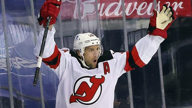 Jan 19, 2021; New York, New York, USA; New Jersey Devils center Travis Zajac (19) celebrates after scoring a goal against the New York Rangers at 32 seconds of the first period at Madison Square Garden. Mandatory Credit:  Bruce Bennett/Pool Photos-USA TODAY Sports