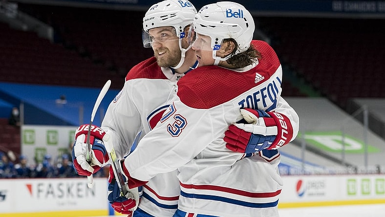 Jan 20, 2021; Vancouver, British Columbia, CAN; Montreal Canadiens forward Joel Armia (40) and forward Tyler Toffoli (73) celebrate Toffoli   s first goal against the Vancouver Canucks in the second period during a game at Rogers Arena. Mandatory Credit: Bob Frid-USA TODAY Sports