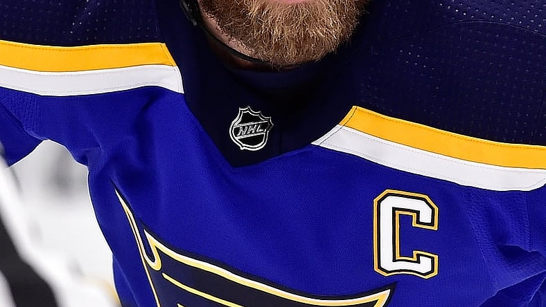 Jan 20, 2021; St. Louis, Missouri, USA;  St. Louis Blues center Ryan O'Reilly (90) looks on during the second period against the San Jose Sharks at Enterprise Center. Mandatory Credit: Jeff Curry-USA TODAY Sports