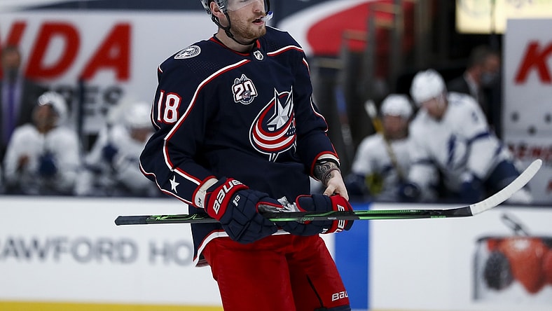 Jan 21, 2021; Columbus, Ohio, USA; Columbus Blue Jackets center Pierre-Luc Dubois (18) skates on the ice during a stop in play against the Tampa Bay Lightning at Nationwide Arena. Mandatory Credit: Aaron Doster-USA TODAY Sports