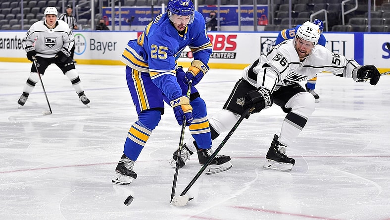 Jan 23, 2021; St. Louis, Missouri, USA;  Los Angeles Kings defenseman Kurtis MacDermid (56) defends against St. Louis Blues center Jordan Kyrou (25) during the second period at Enterprise Center. Mandatory Credit: Jeff Curry-USA TODAY Sports