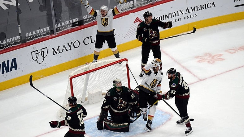 Jan 24, 2021; Glendale, Arizona, USA; Vegas Golden Knights center William Karlsson (71) celebrates his goal against the Arizona Coyotes during the third period at Gila River Arena. Mandatory Credit: Joe Camporeale-USA TODAY Sports