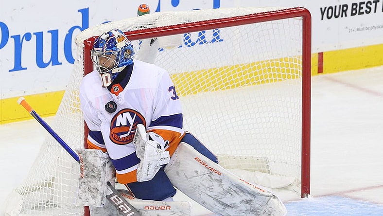 Jan 24, 2021; Newark, New Jersey, USA; New York Islanders goaltender Ilya Sorokin (30) makes a save during the third period of their game against the New Jersey Devils at Prudential Center. Mandatory Credit: Ed Mulholland-USA TODAY Sports