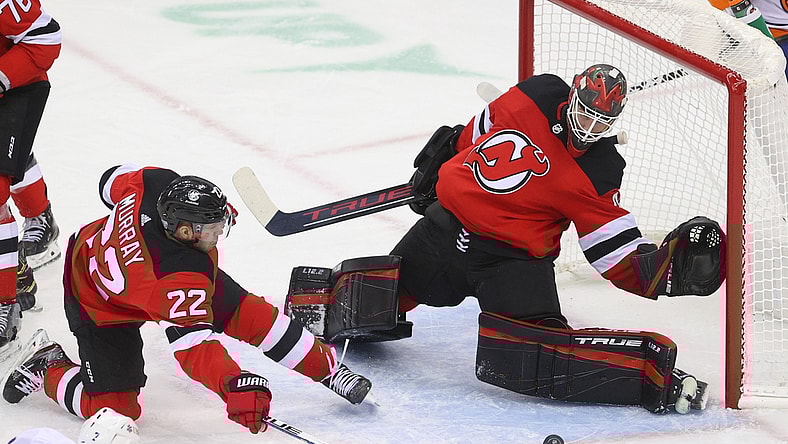 Jan 24, 2021; Newark, New Jersey, USA; New Jersey Devils goaltender Scott Wedgewood (41) defends his net during the third period of their game against the New York Islanders at Prudential Center. Mandatory Credit: Ed Mulholland-USA TODAY Sports