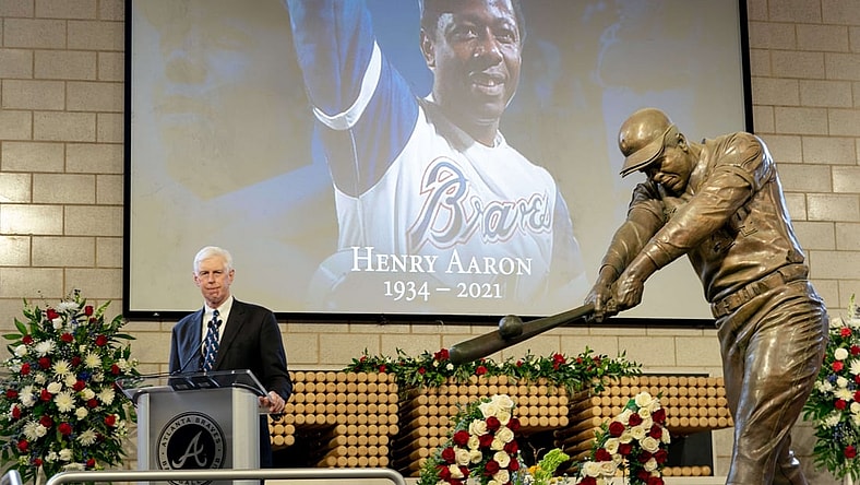 Jan 26, 2021; Atlanta, GA, USA; Braves Chairman Terry McGuirk speaks during "A Celebration of Henry Louis Aaron," a memorial service celebrating the life and enduring legacy of the late Hall of Famer and American icon, on Tuesday, Jan. 26, 2021 at Truist Park in Atlanta. Mandatory Credit: Kevin D. Liles/Pool Photo-USA TODAY Sports