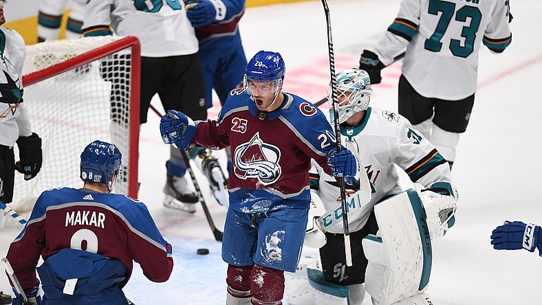 Jan 26, 2021; Denver, Colorado, USA; Colorado Avalanche left wing Brandon Saad (20) celebrates with defenseman Cale Makar (8)  after scoring a goal against the San Jose Sharks in the first period at Ball Arena. Mandatory Credit: Ron Chenoy-USA TODAY Sports