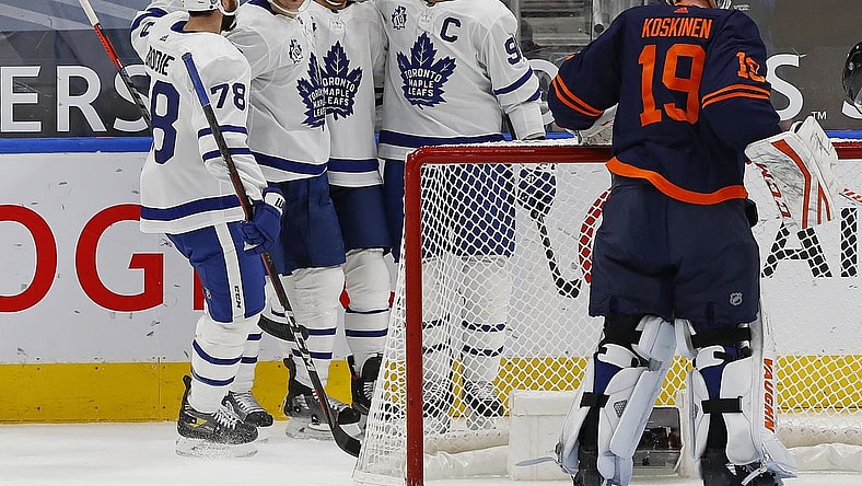 Jan 28, 2021; Edmonton, Alberta, CAN; Toronto Maple Leafs forward William Nylander (88) celebrate a first period goal against the Edmonton Oilers at Rogers Place. Mandatory Credit: Perry Nelson-USA TODAY Sports