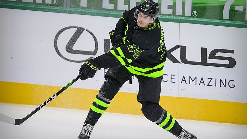 Jan 28, 2021; Dallas, Texas, USA; Dallas Stars right wing Denis Gurianov (34) shoots the puck on the Detroit Red Wings net during the third period at the American Airlines Center. Mandatory Credit: Jerome Miron-USA TODAY Sports