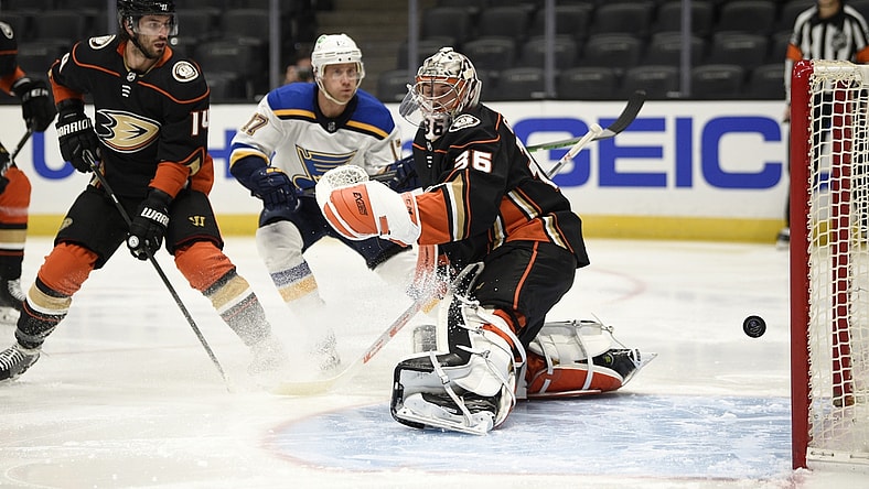 Jan 30, 2021; Anaheim, California, USA; Anaheim Ducks goalie John Gibson (36) is unable to stop a shot for a goal by St. Louis Blues center Jordan Kyrou (25) during the first period at Honda Center. Mandatory Credit: Kelvin Kuo-USA TODAY Sports