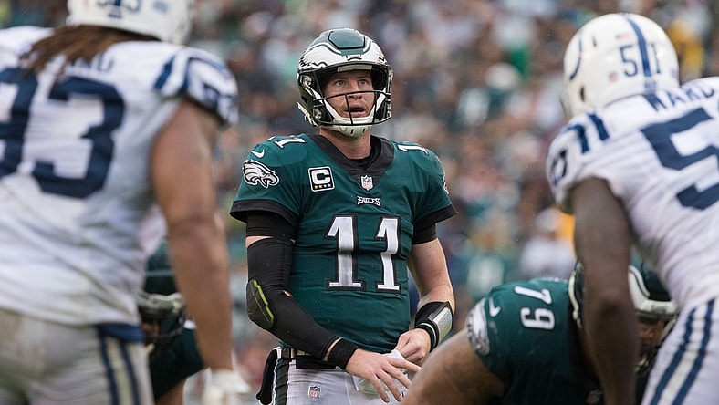 Sep 23, 2018; Philadelphia, PA, USA; Philadelphia Eagles quarterback Carson Wentz (11) during the fourth quarter against the Indianapolis Colts at Lincoln Financial Field. Mandatory Credit: Bill Streicher-USA TODAY Sports