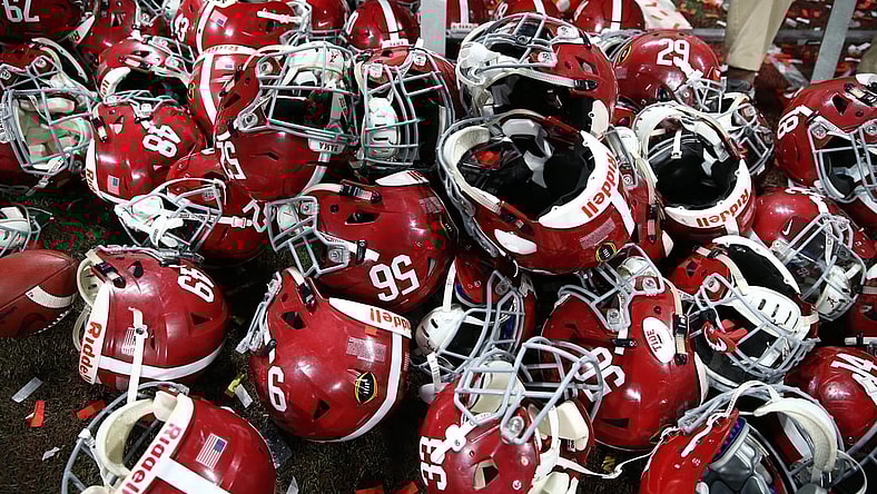 Jan 8, 2018; Atlanta, GA, USA; Detailed view of Alabama Crimson Tide player helmets on the ground after defeating the Georgia Bulldogs in the 2018 CFP national championship college football game at Mercedes-Benz Stadium. Mandatory Credit: Mark J. Rebilas-USA TODAY Sports