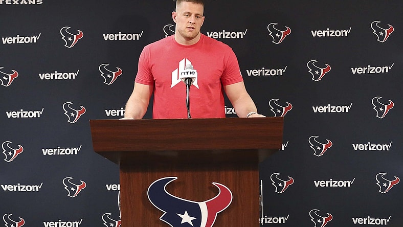 Jun 11, 2019; Houston, TX, USA; Houston Texans defensive end JJ Watt (99) talks to the media during a press conference in the media room at NRG Stadium. Mandatory Credit: Thomas B. Shea-USA TODAY Sports