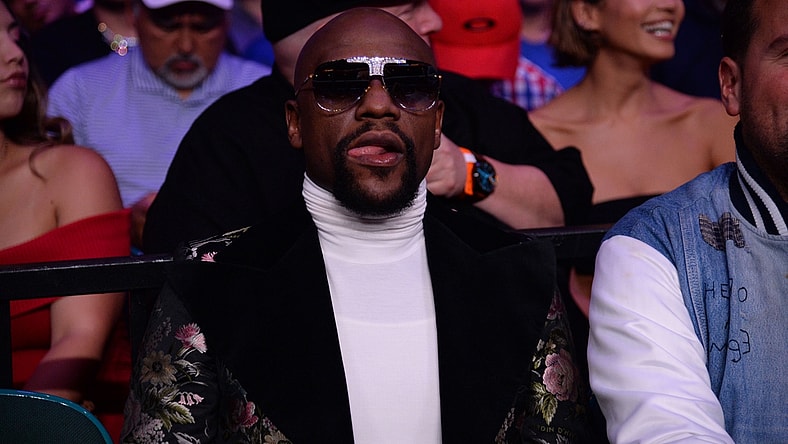 Jul 20, 2019; Las Vegas, NV, USA; Boxer and promoter Floyd Mayweather Jr. attends the WBA welterweight championship bout between Manny Pacquiao (not pictured) and Keith Thurman (not pictured) at MGM Grand Garden Arena. Mandatory Credit: Joe Camporeale-USA TODAY Sports