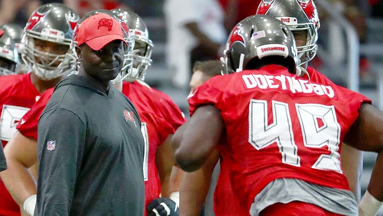Jul 26, 2019; Tampa, FL, USA; Tampa Bay Buccaneers defensive coordinator Todd Bowles during training camp at AdventHealth Training Center. Mandatory Credit: Kim Klement-USA TODAY Sports