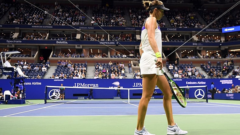 Sep 5, 2019; Flushing, NY, USA; Belinda Bencic of Switzerland walks onto the court to face Bianca Andreescu of Canada in a semifinal match on day eleven of the 2019 US Open tennis tournament at USTA Billie Jean King National Tennis Center. Mandatory Credit: Danielle Parhizkaran-USA TODAY Sports