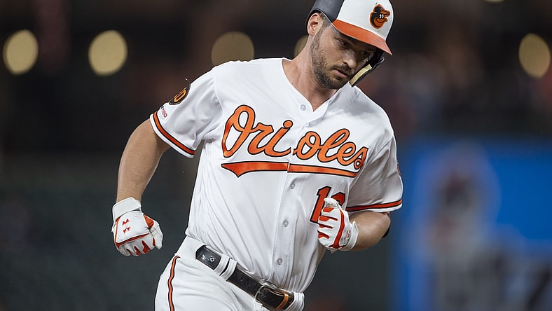 Sep 17, 2019; Baltimore, MD, USA; Baltimore Orioles designated hitter Trey Mancini (16) runs the bases after hitting a two run home run in the first inning against the Toronto Blue Jays  at Oriole Park at Camden Yards. Mandatory Credit: Tommy Gilligan-USA TODAY Sports