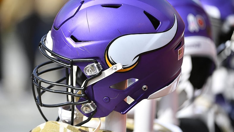 Nov 3, 2019; Kansas City, MO, USA; A general view of a Minnesota Vikings helmet during the game against the Kansas City Chiefs at Arrowhead Stadium. Mandatory Credit: Denny Medley-USA TODAY Sports