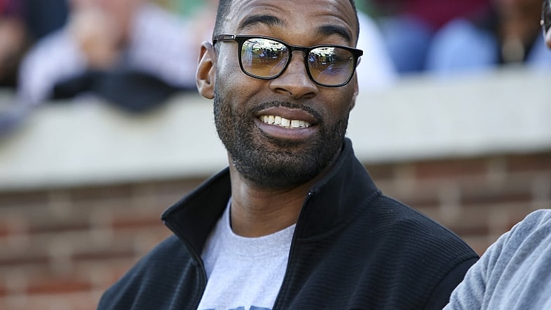 Nov 16, 2019; Atlanta, GA, USA; Former Georgia Tech Yellow Jackets wide receiver Calvin Johnson on the sideline against the Virginia Tech Hokies in the first quarter at Bobby Dodd Stadium. Mandatory Credit: Brett Davis-USA TODAY Sports