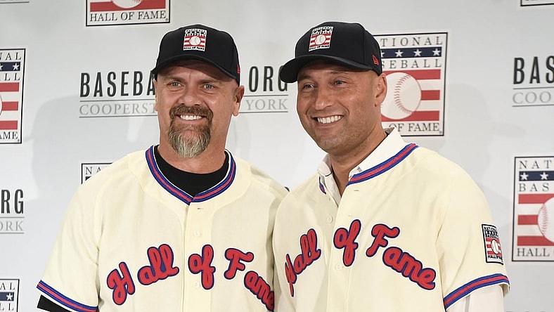 Jan 22, 2020; New York, New York, USA;  New Hall of Fame 2020 inductees Larry Walker, left, and Derek Jeter pose for photos at St. Regis Hotel. Mandatory Credit: Danielle Parhizkaran-USA TODAY Sports