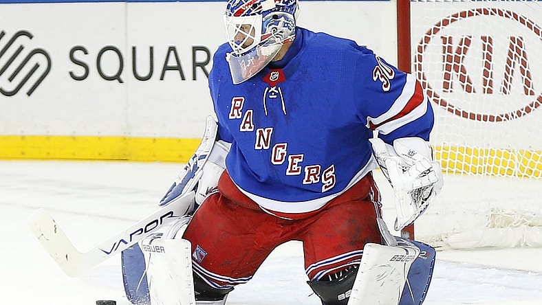 Feb 3, 2020; New York, New York, USA; New York Rangers goaltender Henrik Lundqvist (30) makes a save against the Dallas Stars during the first period at Madison Square Garden. Mandatory Credit: Andy Marlin-USA TODAY Sports
