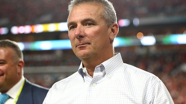 Feb 2, 2020; Miami Gardens, Florida, USA; Former football head coach Urban Meyer on the sidelines of Super Bowl LIV between the Kansas City Chiefs and San Francisco 49ers at Hard Rock Stadium. Mandatory Credit: Mark J. Rebilas-USA TODAY Sports