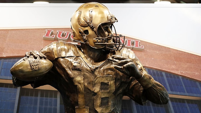 Feb 26, 2020; Indianapolis, Indiana, USA; A Peyton Manning statue on display in the fan fest area during the 2020 NFL Combine at the Indiana Convention Center. Mandatory Credit: Brian Spurlock-USA TODAY Sports