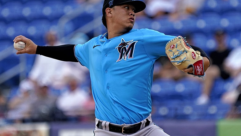 Mar 3, 2020; Port St. Lucie, Florida, USA; Miami Marlins starting pitcher Jordan Yamamoto (50) throws against the New York Mets during the first inning at Clover Park. Mandatory Credit: Steve Mitchell-USA TODAY Sports