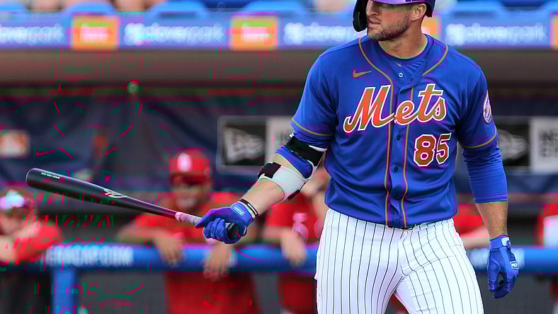 Mar 4, 2020; Port St. Lucie, Florida, USA; New York Mets outfielder Tim Tebow (85) stands at the plate against the St. Louis Cardinals in the the eight inning at First Data Field. Mandatory Credit: Sam Navarro-USA TODAY Sports