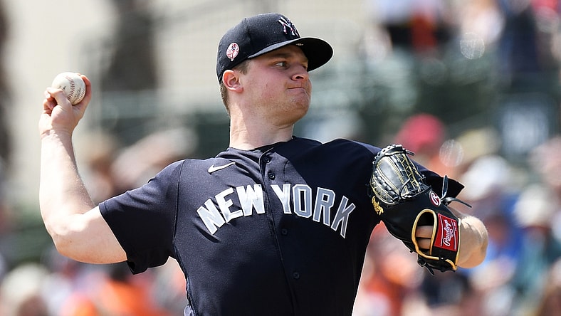 Mar 8, 2020; Sarasota, Florida, USA; New York Yankees pitcher Clarke Schmidt (86) throws a pitch in the first inning of the game against the Baltimore Orioles at Ed Smith Stadium. Mandatory Credit: Jonathan Dyer-USA TODAY Sports