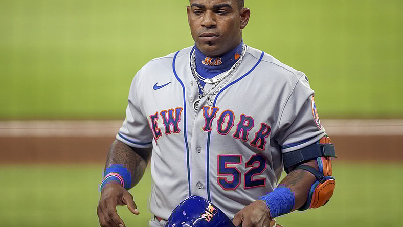 Aug 1, 2020; Atlanta, Georgia, USA; New York Mets left fielder Yoenis Cespedes (52) walks to the dugout after an at bat against the Atlanta Braves in the fifth inning at Truist Park. Mandatory Credit: Brett Davis-USA TODAY Sports