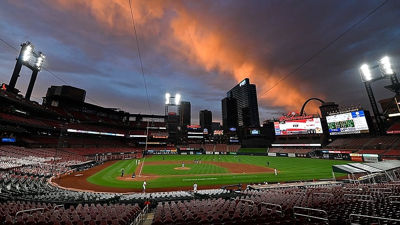 Aug 27, 2020; St. Louis, Missouri, USA;  A view of Busch Stadium as the sunsets during the sixth inning of a game between the St. Louis Cardinals and the Pittsburgh Pirates. Mandatory Credit: Jeff Curry-USA TODAY Sports