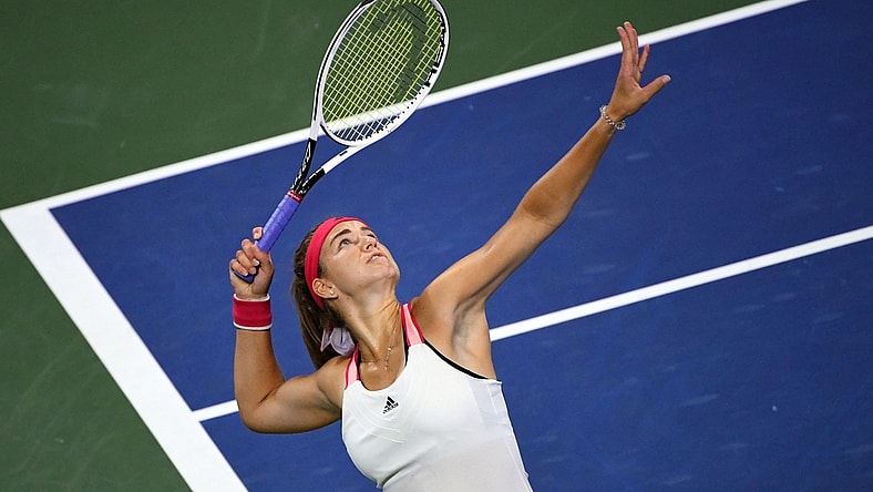 Sep 7, 2020; Flushing Meadows, New York, USA; Karolina Muchova of the Czech Republic serves the ball against Victoria Azarenka of Belarus on day eight of the 2020 U.S. Open tennis tournament at USTA Billie Jean King National Tennis Center. Mandatory Credit: Robert Deutsch-USA TODAY Sports