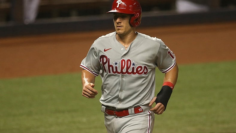Sep 12, 2020; Miami, Florida, USA; Philadelphia Phillies catcher J.T. Realmuto (10) scores a run in the fifth inning against the Miami Marlins at Marlins Park. Mandatory Credit: Sam Navarro-USA TODAY Sports