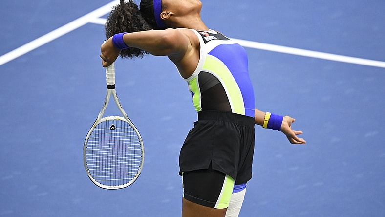 Sep 12, 2020; Flushing Meadows, New York, USA;  Naomi Osaka of Japan faces Victoria Azarenka of Belarus in the women's singles final of the 2020 U.S. Open tennis tournament at the USTA Billie Jean King Tennis Center. Mandatory Credit: Danielle Parhizkaran-USA TODAY Sports