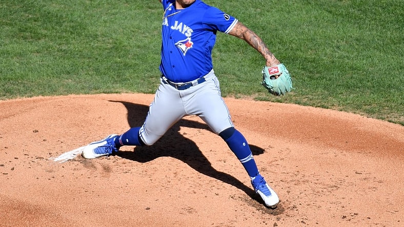 Sep 20, 2020; Philadelphia, Pennsylvania, USA; Toronto Blue Jays starting pitcher Taijuan Walker (00) throws a pitch during the first inning against the Philadelphia Phillies at Citizens Bank Park. Mandatory Credit: Eric Hartline-USA TODAY Sports
