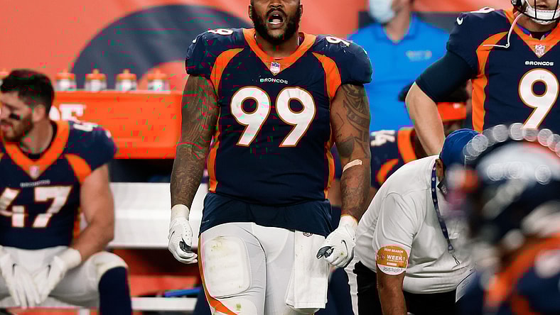 Sep 14, 2020; Denver, Colorado, USA; Denver Broncos defensive end Jurrell Casey (99) in the fourth quarter against the Tennessee Titans at Empower Field at Mile High. Mandatory Credit: Isaiah J. Downing-USA TODAY Sports