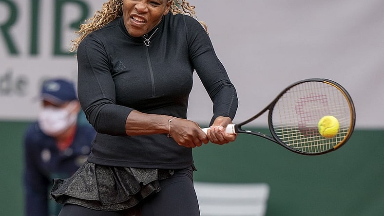 Sep 28, 2020; Paris, France; Serena Williams (USA) in action during her match against Kristie Ahn (USA) on day two of the 2020 French Open at Stade Roland Garros. Mandatory Credit: Susan Mullane-USA TODAY Sports