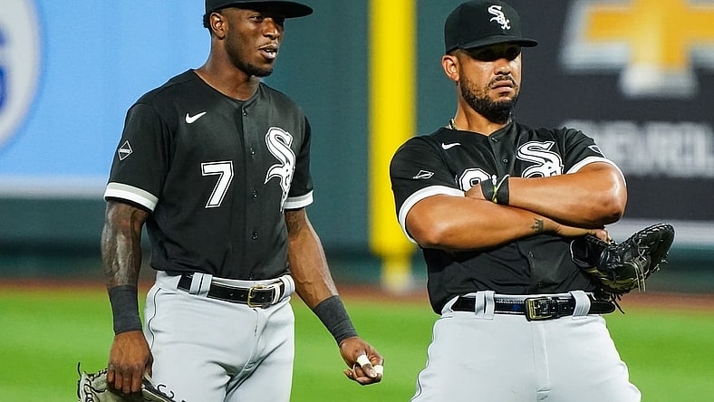 Sep 3, 2020; Kansas City, Missouri, USA; Chicago White Sox shortstop Tim Anderson (7) talks with first baseman Jose Abreu (79) during the sixth inning against the Kansas City Royals at Kauffman Stadium. Mandatory Credit: Jay Biggerstaff-USA TODAY Sports
