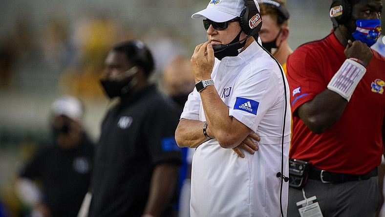 Sep 26, 2020; Waco, Texas, USA; Kansas Jayhawks head coach Les Miles during the game between the Bears and the Jayhawks at McLane Stadium. Mandatory Credit: Jerome Miron-USA TODAY Sports