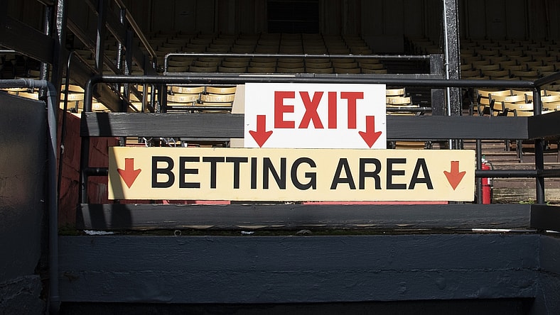 Oct 2, 2020; Baltimore, Maryland, USA;  A view of the Betting Area sign at Pimlico Race Course. Mandatory Credit: Tommy Gilligan-USA TODAY Sports