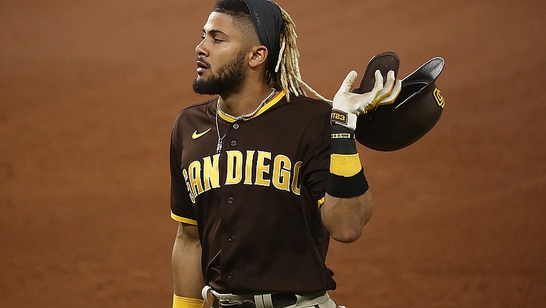 Oct 7, 2020; Arlington, Texas, USA; San Diego Padres shortstop Fernando Tatis Jr. (23) reacts after making an out during the fifth inning in game two of the 2020 NLDS against the Los Angeles Dodgers at Globe Life Field. Mandatory Credit: Kevin Jairaj-USA TODAY Sports