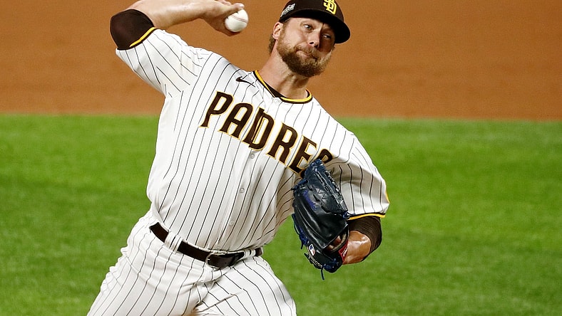 Oct 8, 2020; Arlington, Texas, USA; San Diego Padres relief pitcher Trevor Rosenthal (47), the eleventh pitcher for the team in the game, pitches against the Los Angeles Dodgers during the ninth inning during game three of the 2020 NLDS at Globe Life Field. Mandatory Credit: Kevin Jairaj-USA TODAY Sports