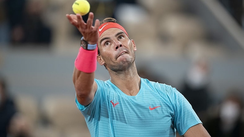 Oct 11, 2020;  Paris, France; Rafael Nadal (ESP) in action during his match against Novak Djokovic (SRB) on day 15 at Stade Roland Garros. Mandatory Credit: Susan Mullane-USA TODAY Sports