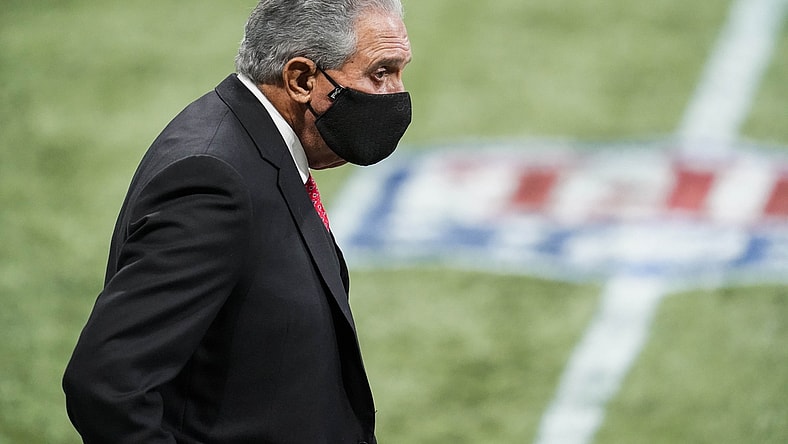 Oct 11, 2020; Atlanta, Georgia, USA; Atlanta Falcons team owner Arthur Blank on the field during the game against the Carolina Panthers during the fourth quarter  at Mercedes-Benz Stadium. Mandatory Credit: Dale Zanine-USA TODAY Sports