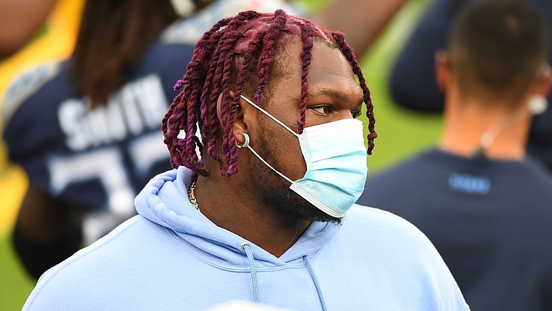Oct 18, 2020; Nashville, Tennessee, USA; Tennessee Titans offensive tackle Isaiah Wilson (79) during the game against the Houston Texans at Nissan Stadium. Mandatory Credit: Christopher Hanewinckel-USA TODAY Sports